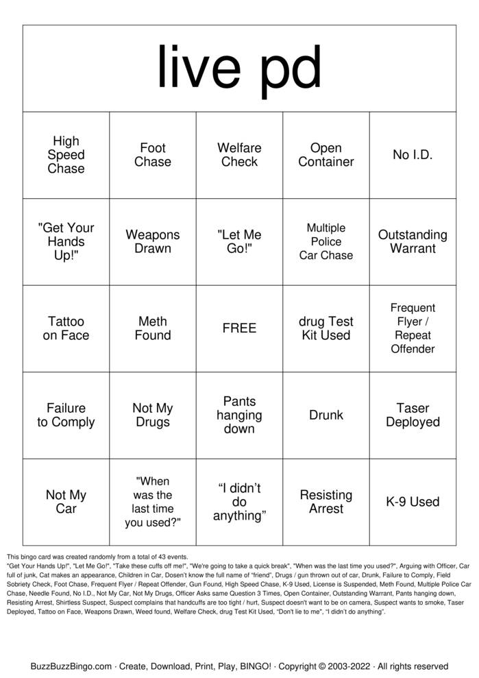 LIVE PD Bingo Cards to Download, Print and Customize!