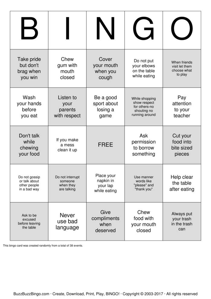 Manners Bingo Cards to Download, Print and Customize!