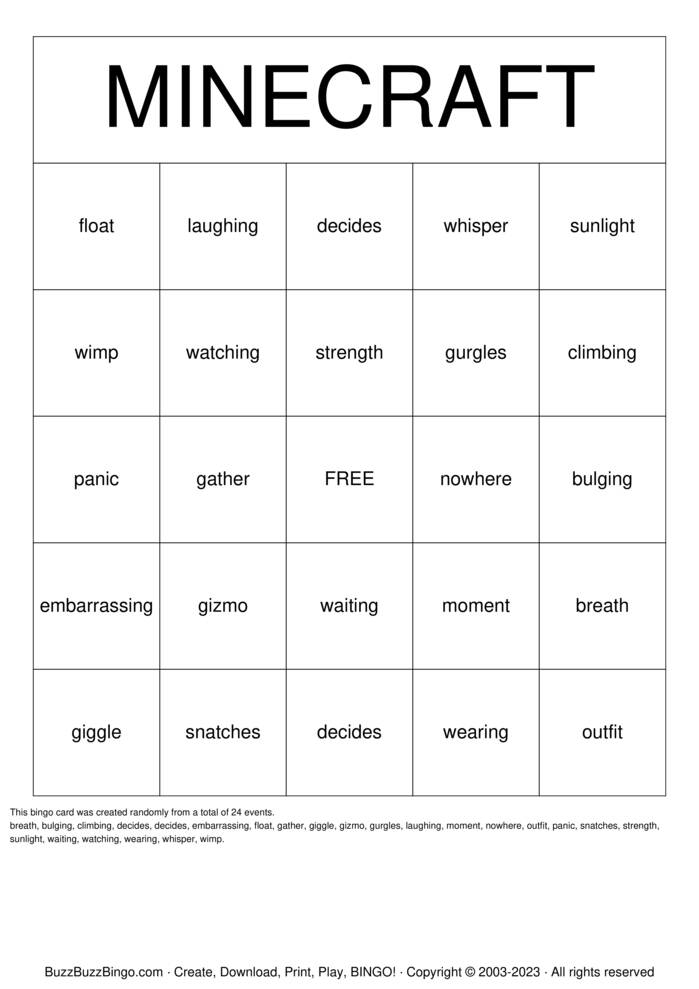 Download Free Minecraft Bingo Cards