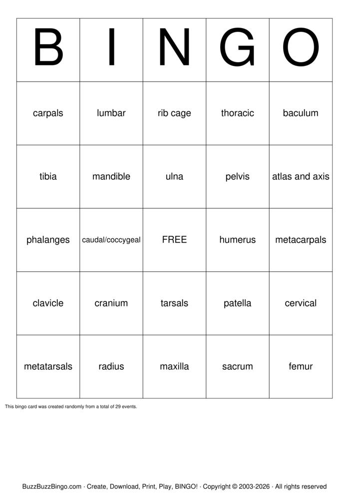 Download Free Musculoskeletal Bingo Cards