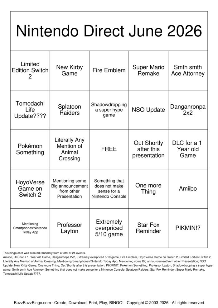 Download Free Nintendo Direct June 2026 Bingo Cards