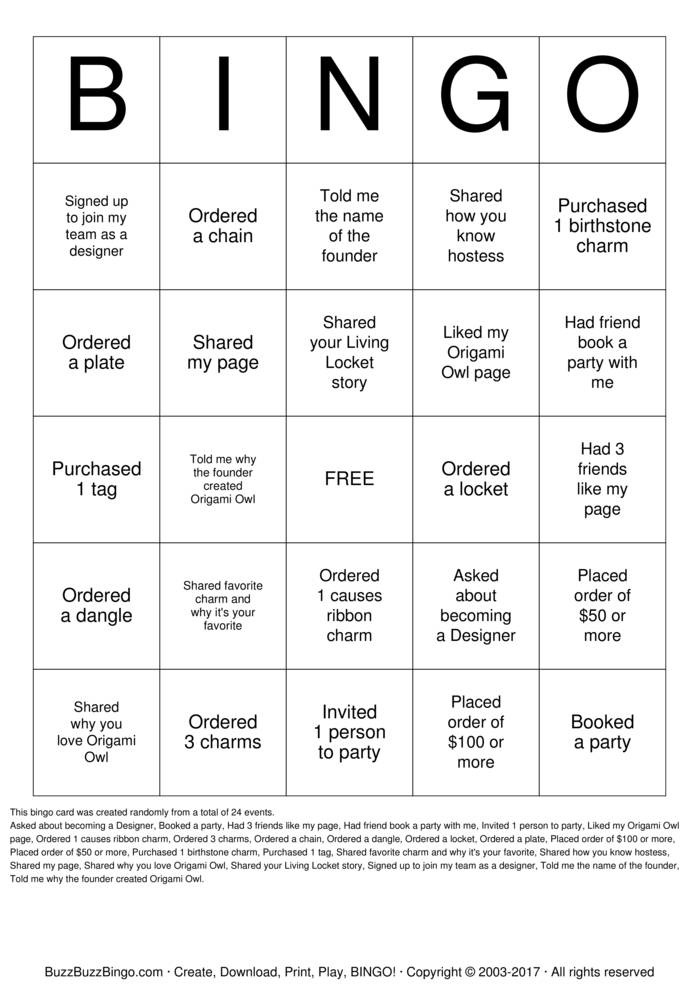 Origami Owl Bingo Cards to Download, Print and Customize!