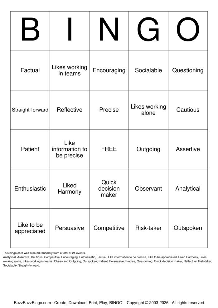 Download Free Personality Bingo Cards