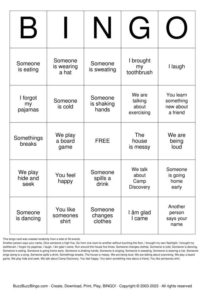 Download Free Sleepover Bingo Bingo Cards