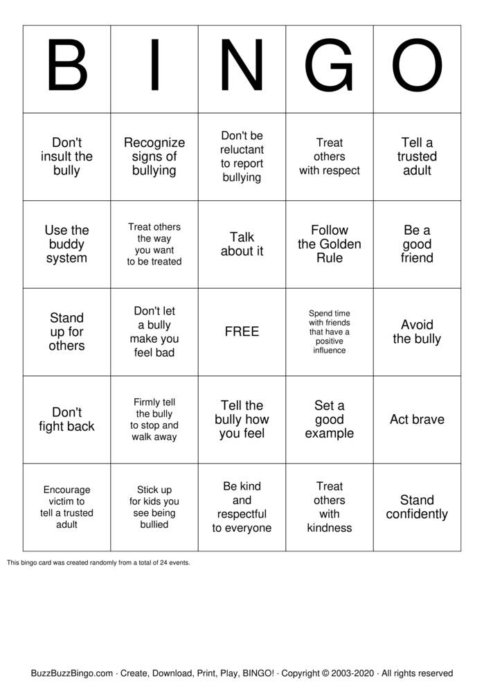 Download Free Stop Bullying Bingo Cards