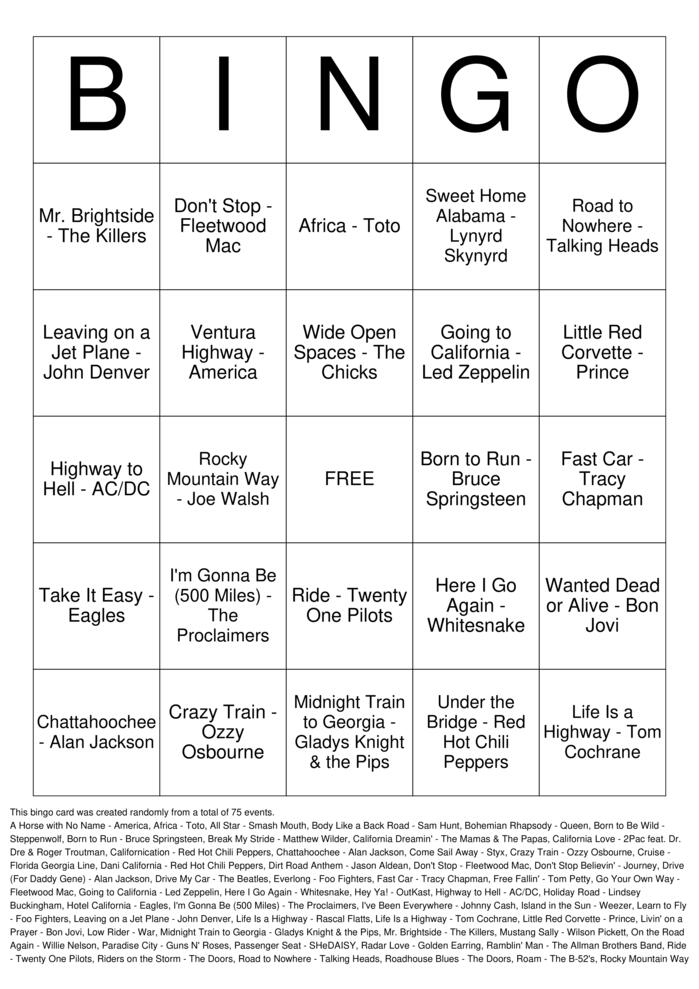 Download Free Summer Road Trip Songs Bingo Cards