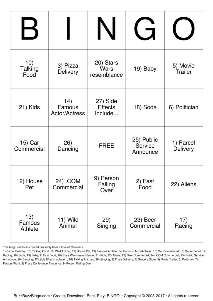 Superbowl Commercials Bingo Cards to Download, Print and Customize!