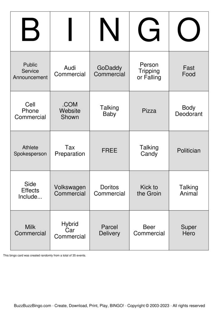 Download Free Superbowl Commercials Bingo Cards Download Free Superbowl Commercials Bingo Cards