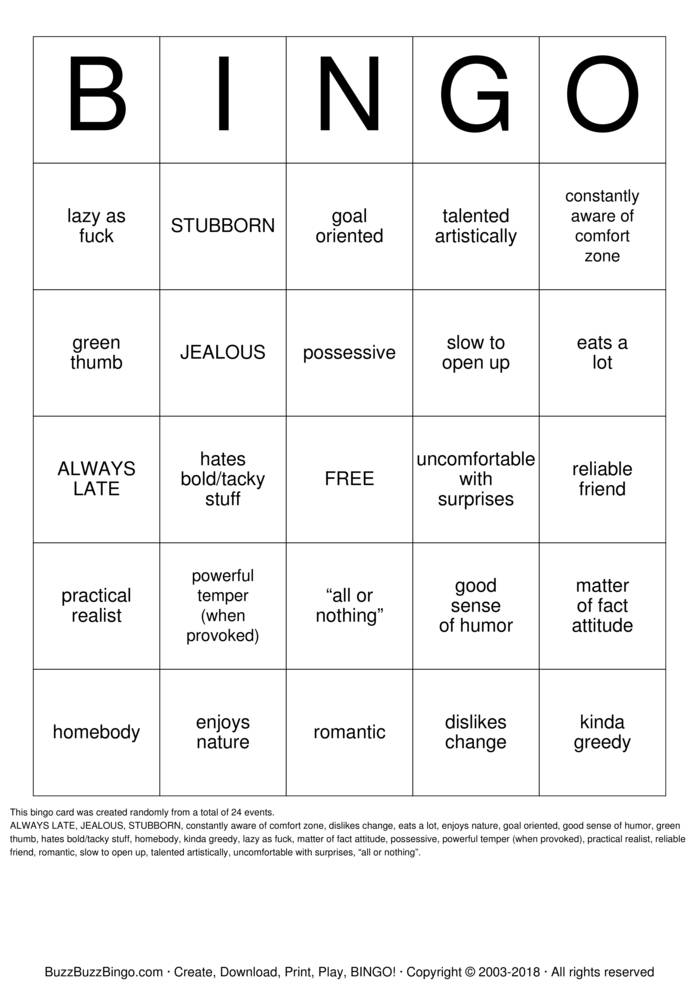 Download Free TAURUS Bingo Cards