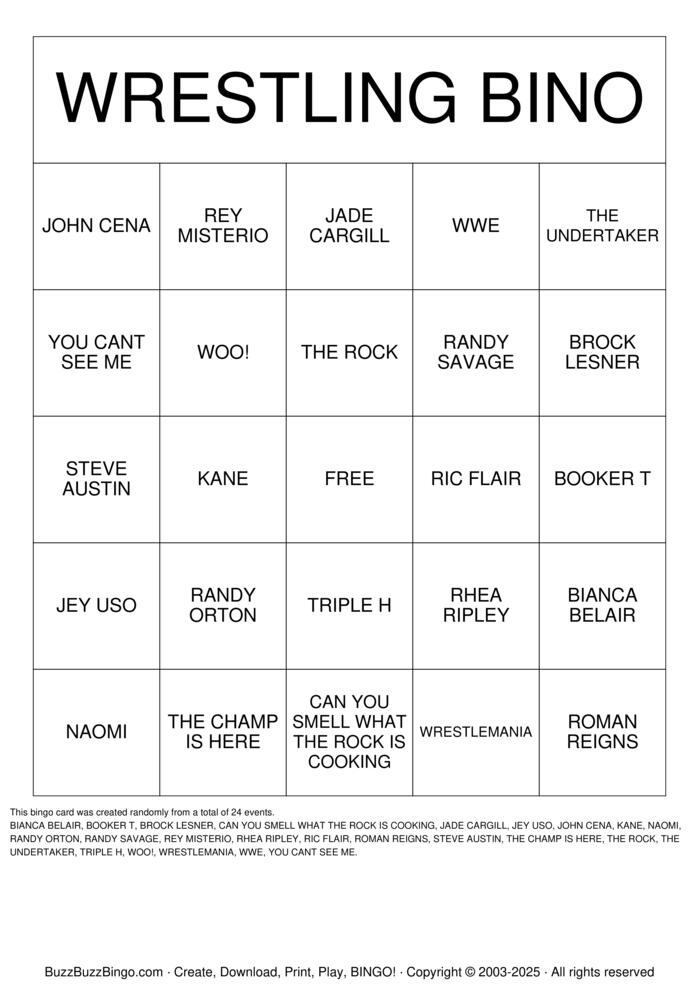 Download Free Wrestling Bingo Cards Download Free Wrestling Bingo Cards