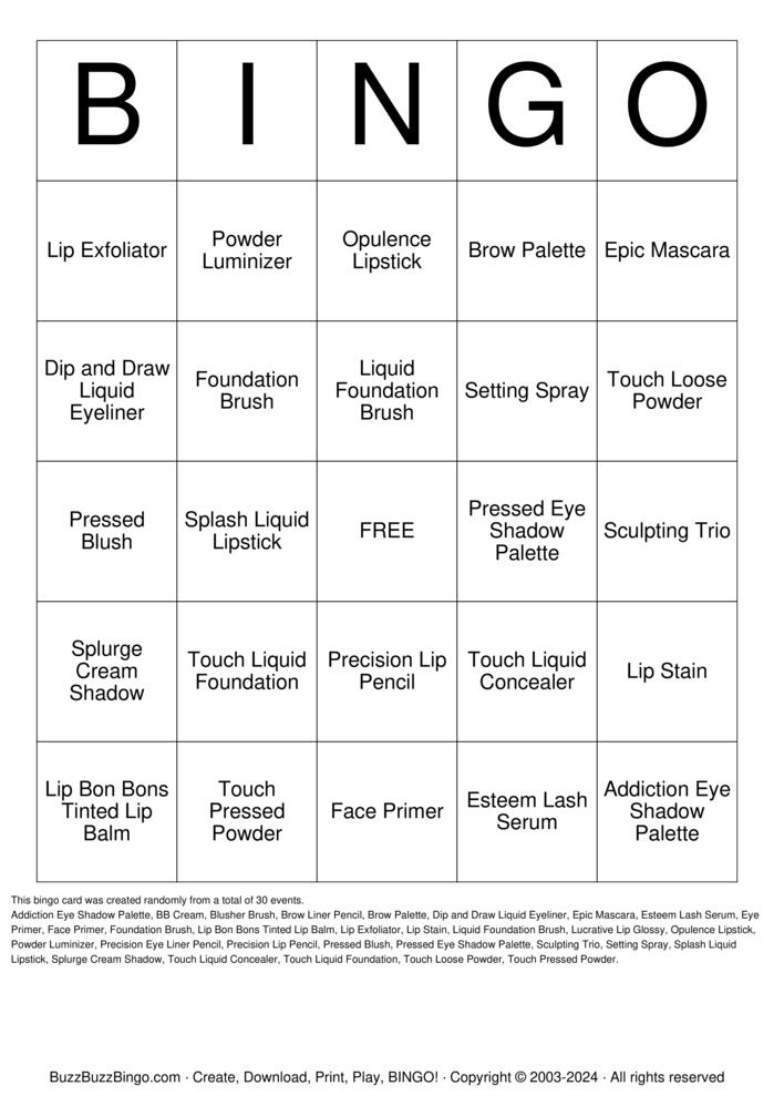 Download Free Younique Products Bingo Cards