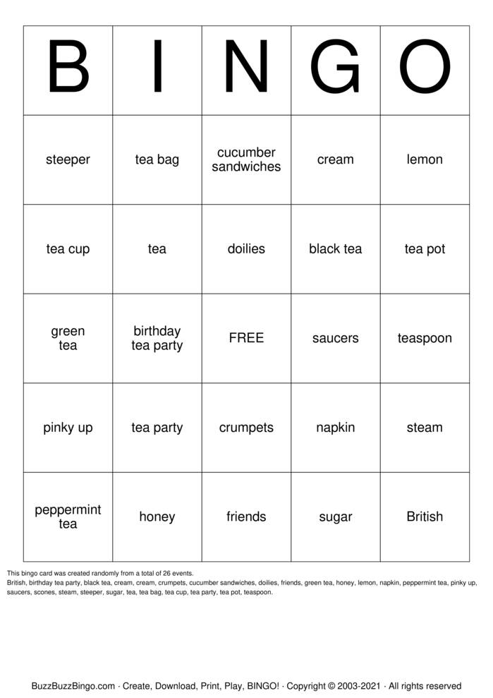 tea party bingo Bingo Cards to Download, Print and Customize!