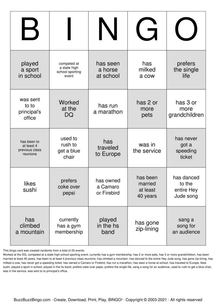 45th Class Reunion Bingo Cards to Download, Print and Customize!