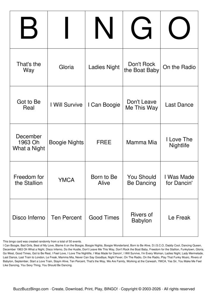 Download Free 70s Disco Music Titles Bingo Cards