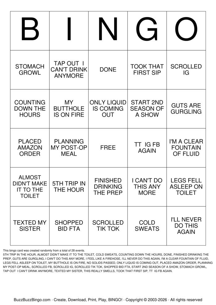 Download Free COLONOSCOPY PREP Bingo Cards Download Free COLONOSCOPY PREP Bingo Cards