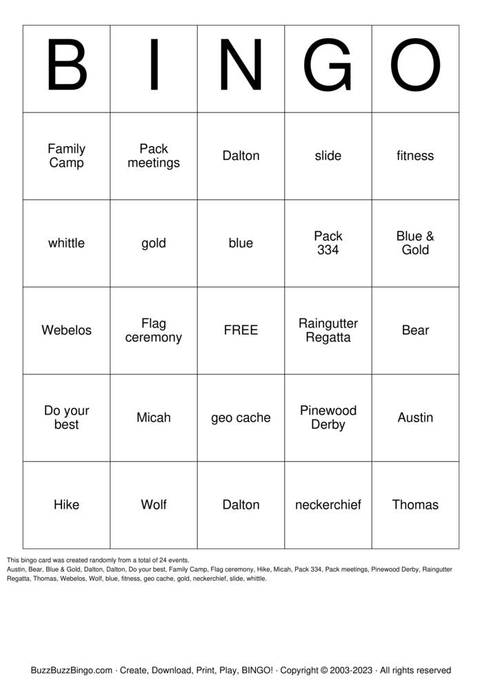 Download Free Cub Scouts Bingo Cards