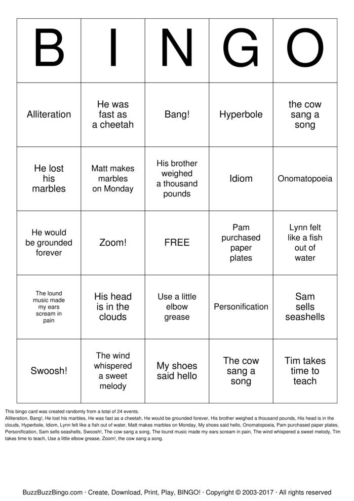 Figurative Language Bingo Cards to Download, Print and Customize!
