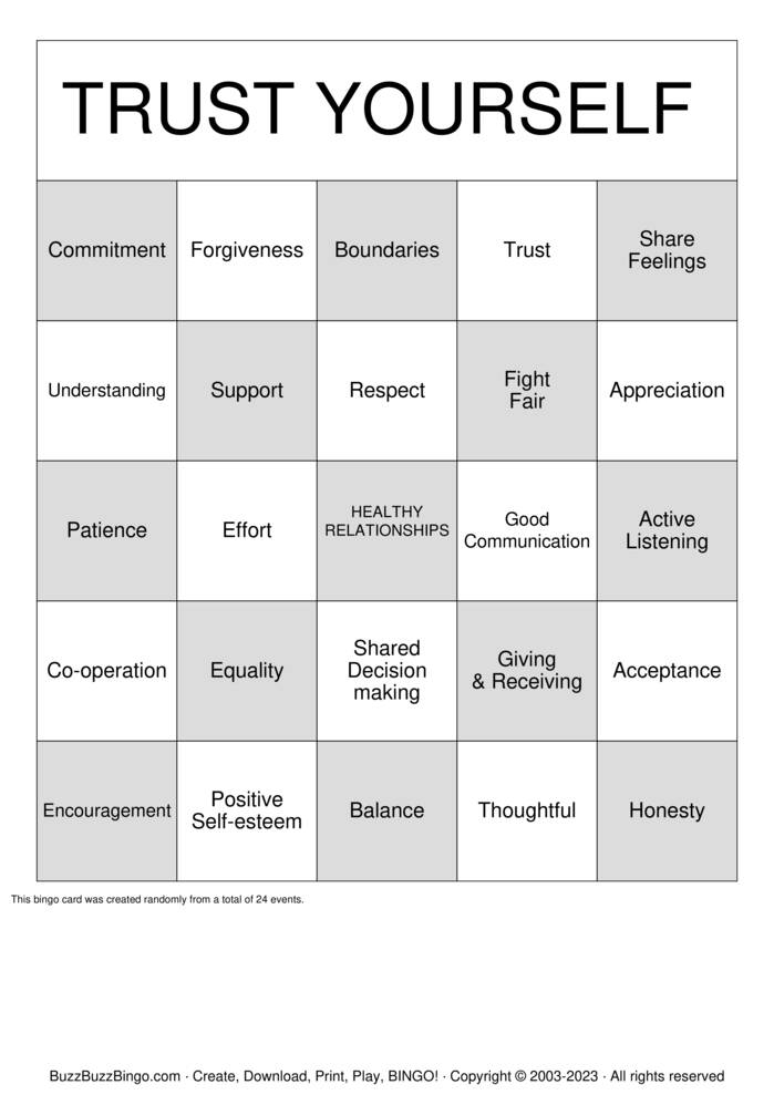Healthy Relationships Bingo Cards to Download, Print and Customize!