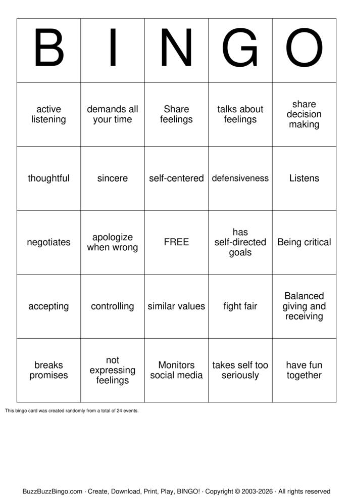 Download Free Healthy Relationships Bingo Cards