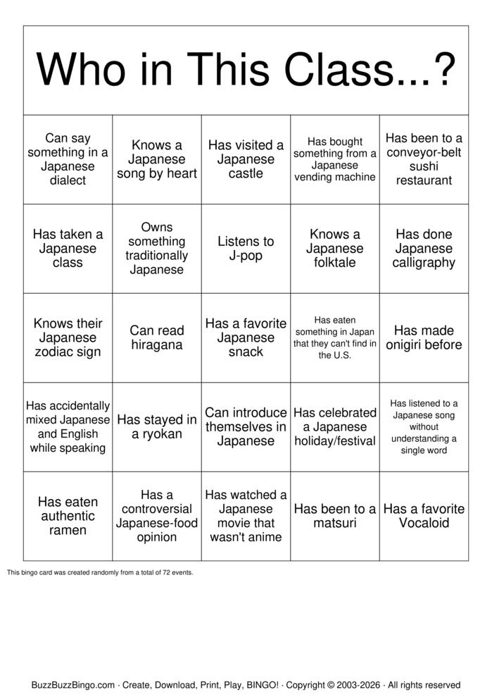 Download Free Japanese Icebreaker Bingo Cards