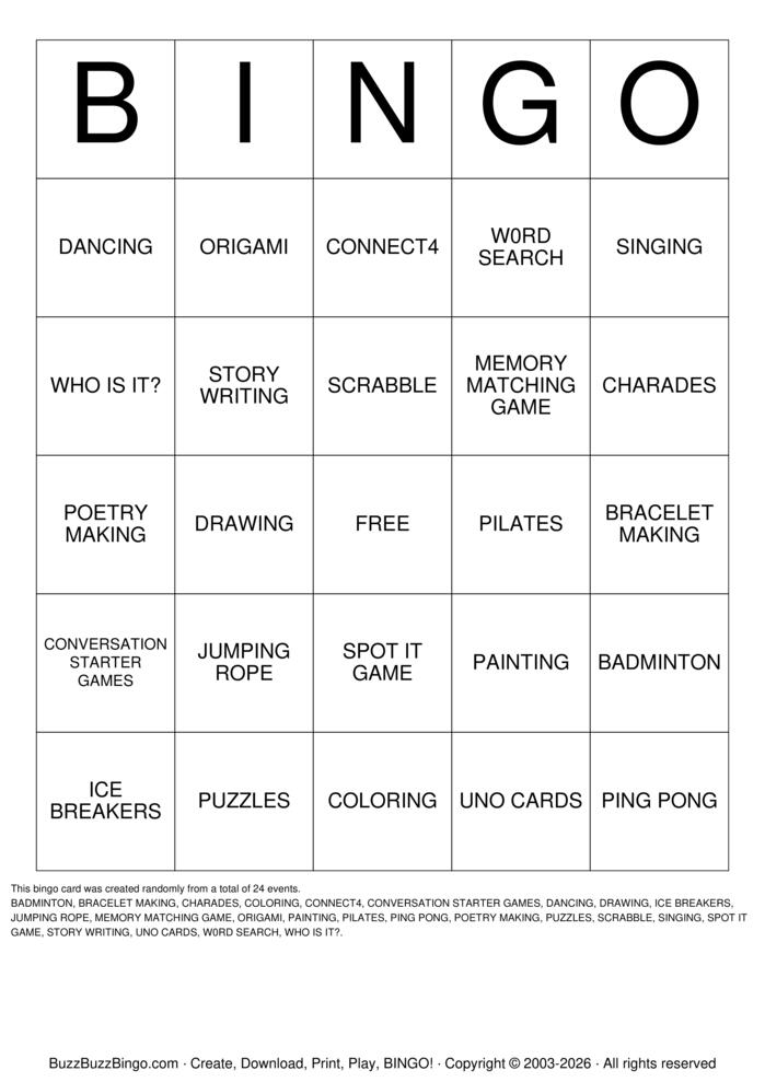 Download Free LEISURE BINGO Bingo Cards