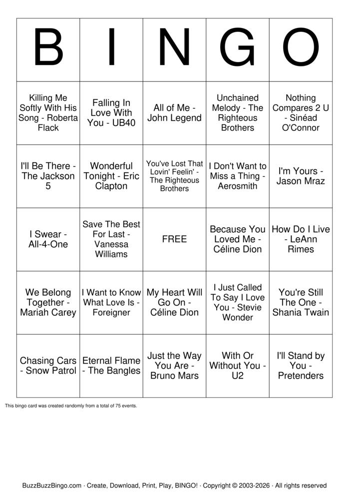 Download Free Love Songs Bingo Cards