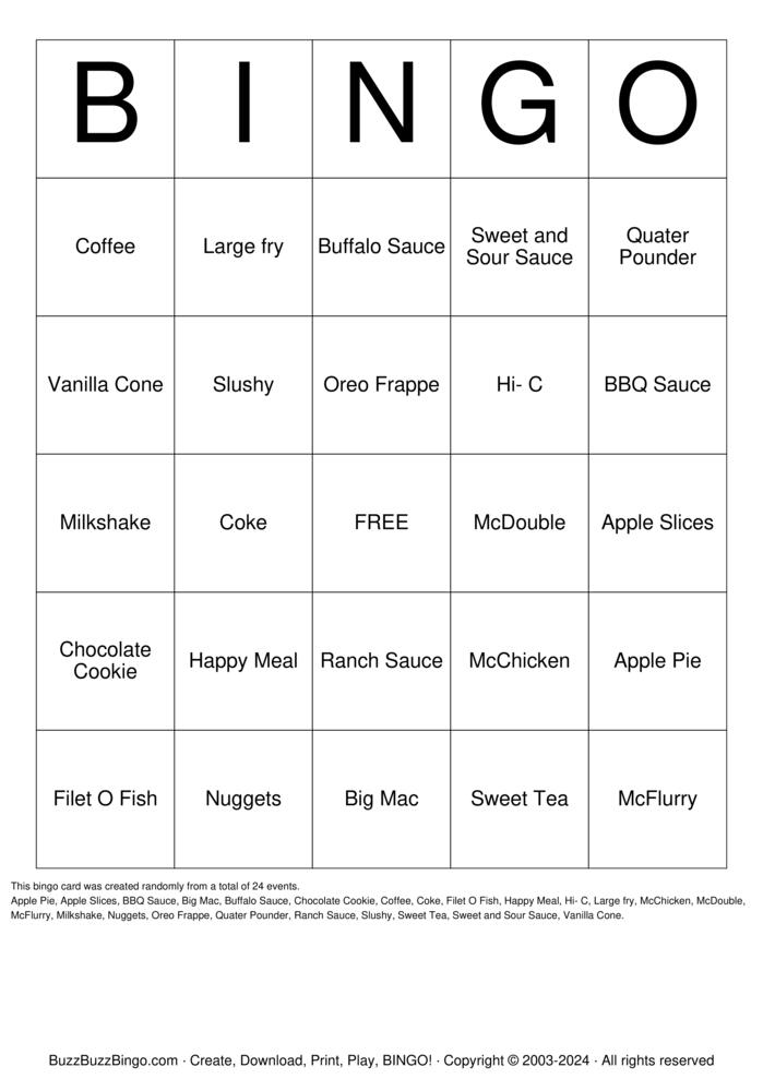Download Free McDonald's Bingo Bingo Cards