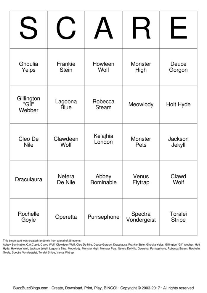 Monster High Bingo Cards to Download, Print and Customize!