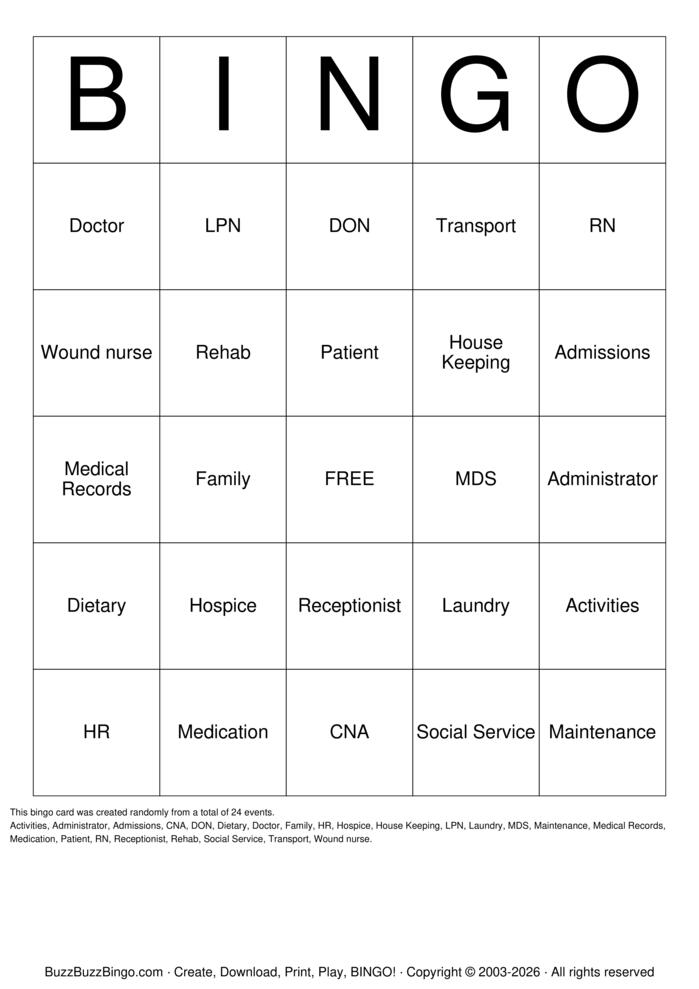 Download Free Nursing Home Bingo Cards