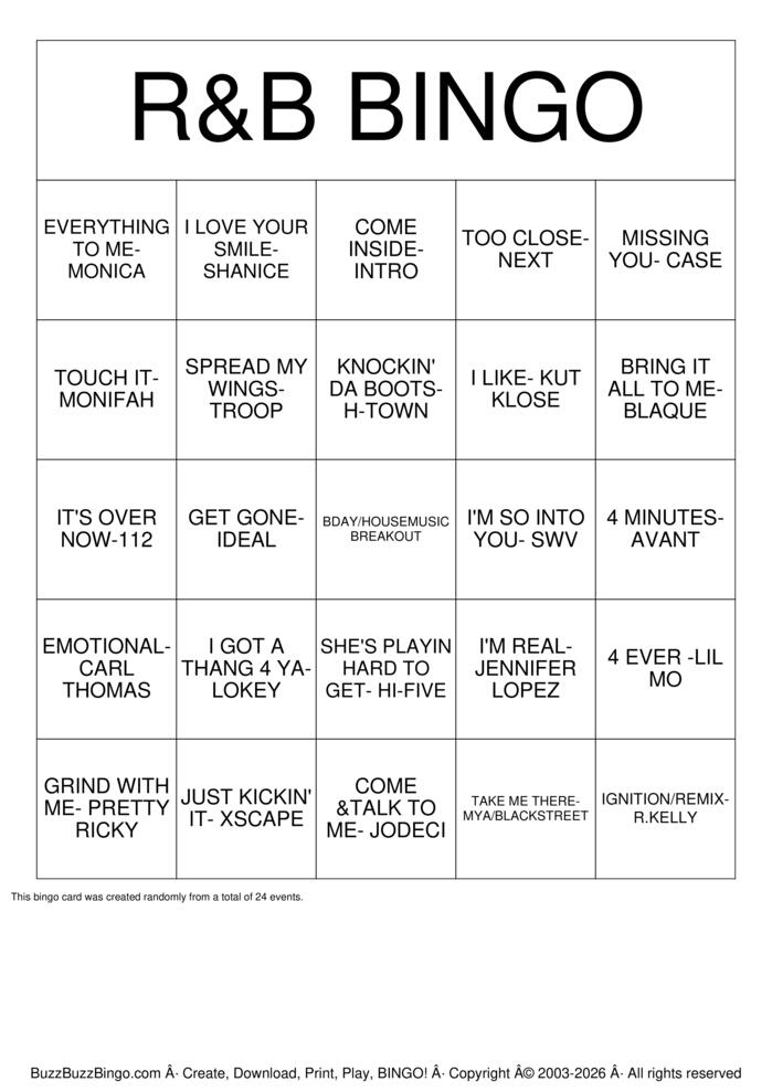 Download Free R&B BINGO Bingo Cards Download Free R&B BINGO Bingo Cards