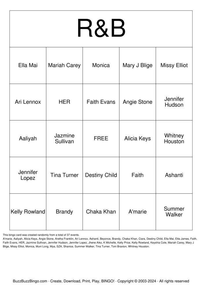 Download Free R&B Females Bingo Cards Download Free R&B Females Bingo Cards