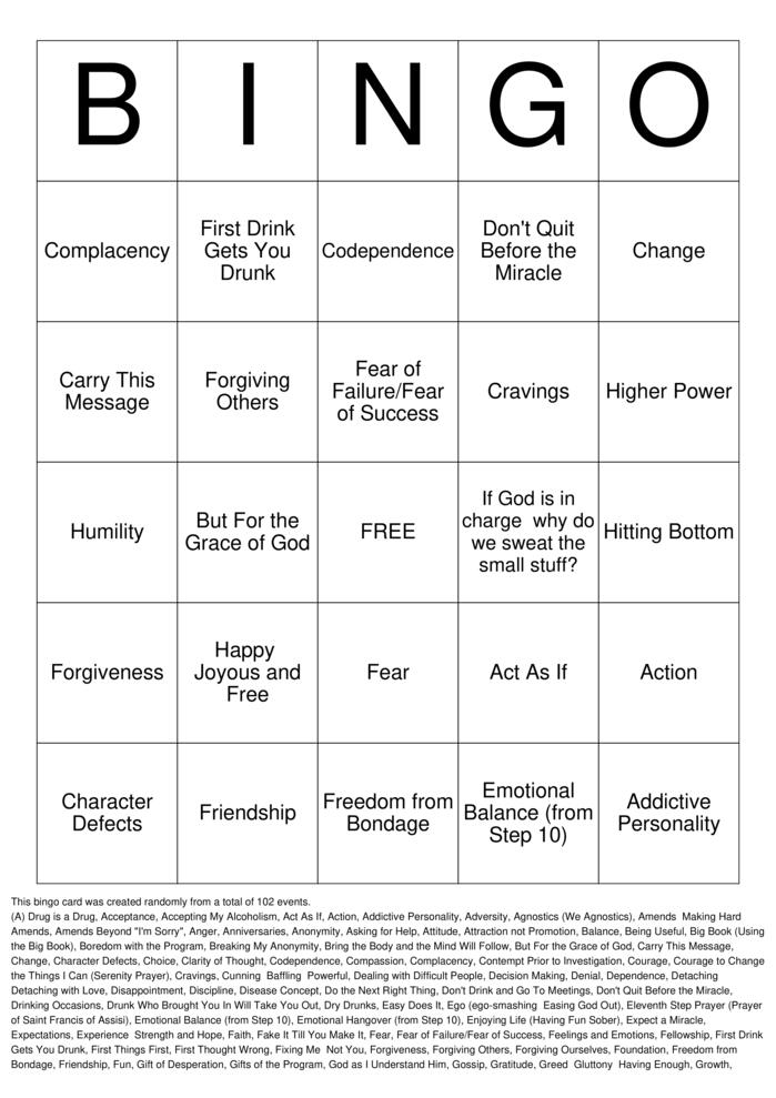 Download Free Sobriety bingo Bingo Cards Download Free Sobriety bingo Bingo Cards