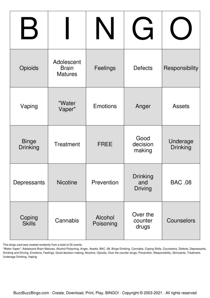 Substance Abuse Bingo Cards to Download, Print and Customize!