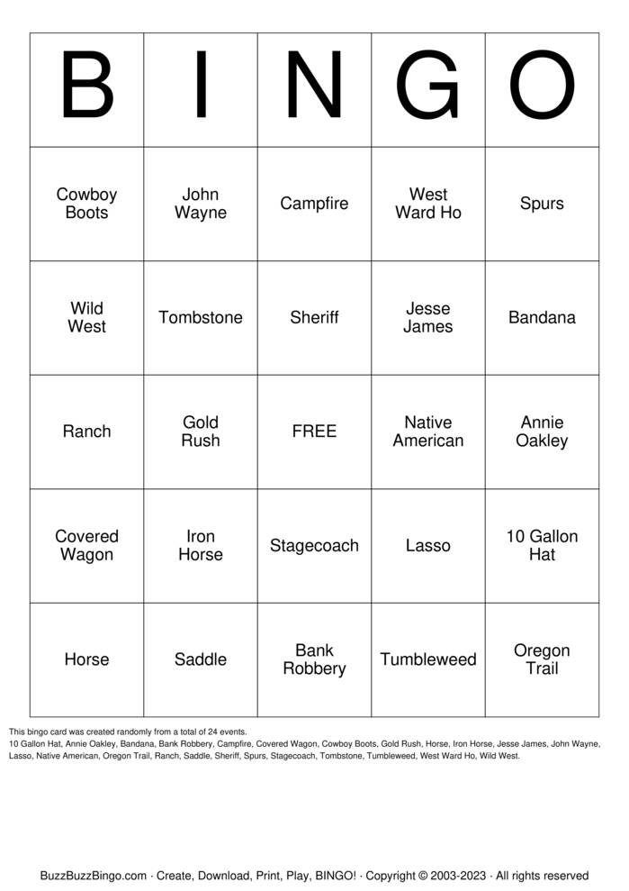 Western Bingo Cards to Download, Print and Customize!